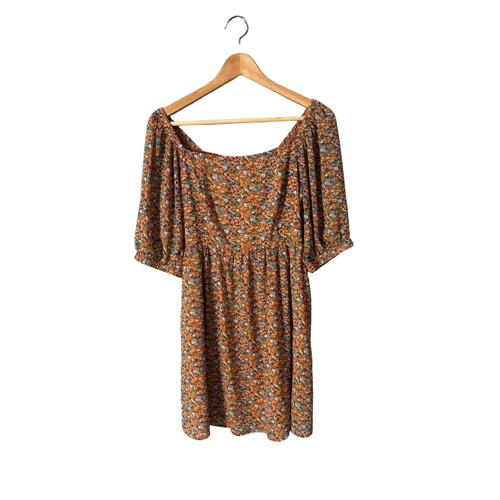 Code Mode Orange Floral Smocked Mini Dress Small Puff Sleeve Pocket Boho
